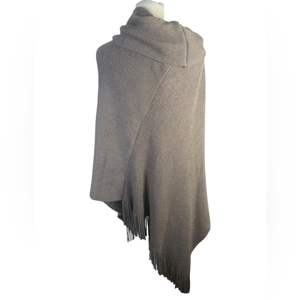 Chico’s Cowl Neck Fringed Triangle Metallic Taupe Poncho One Size NWT - Picture 3 of 7